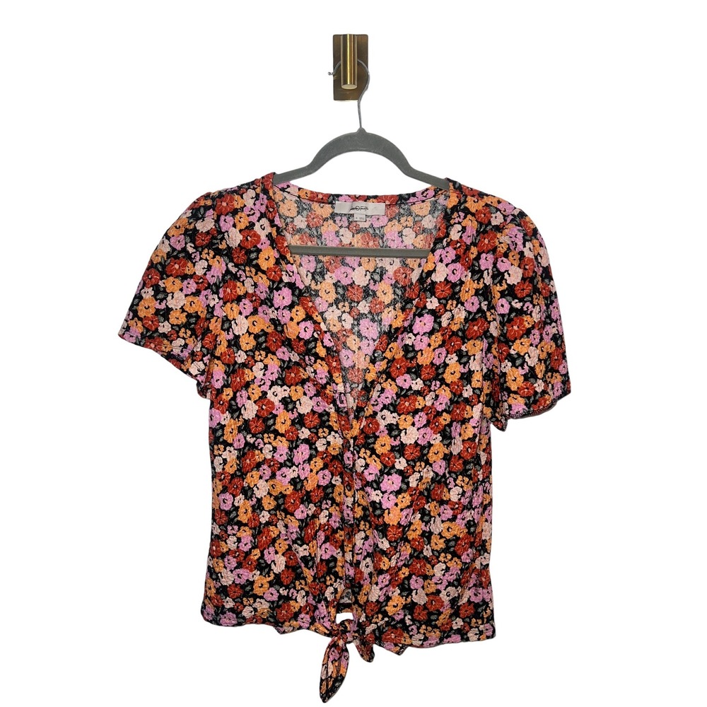 Loft Floral Boho Tie Front Button V-Neck Textured Festival Cottagecore Medium